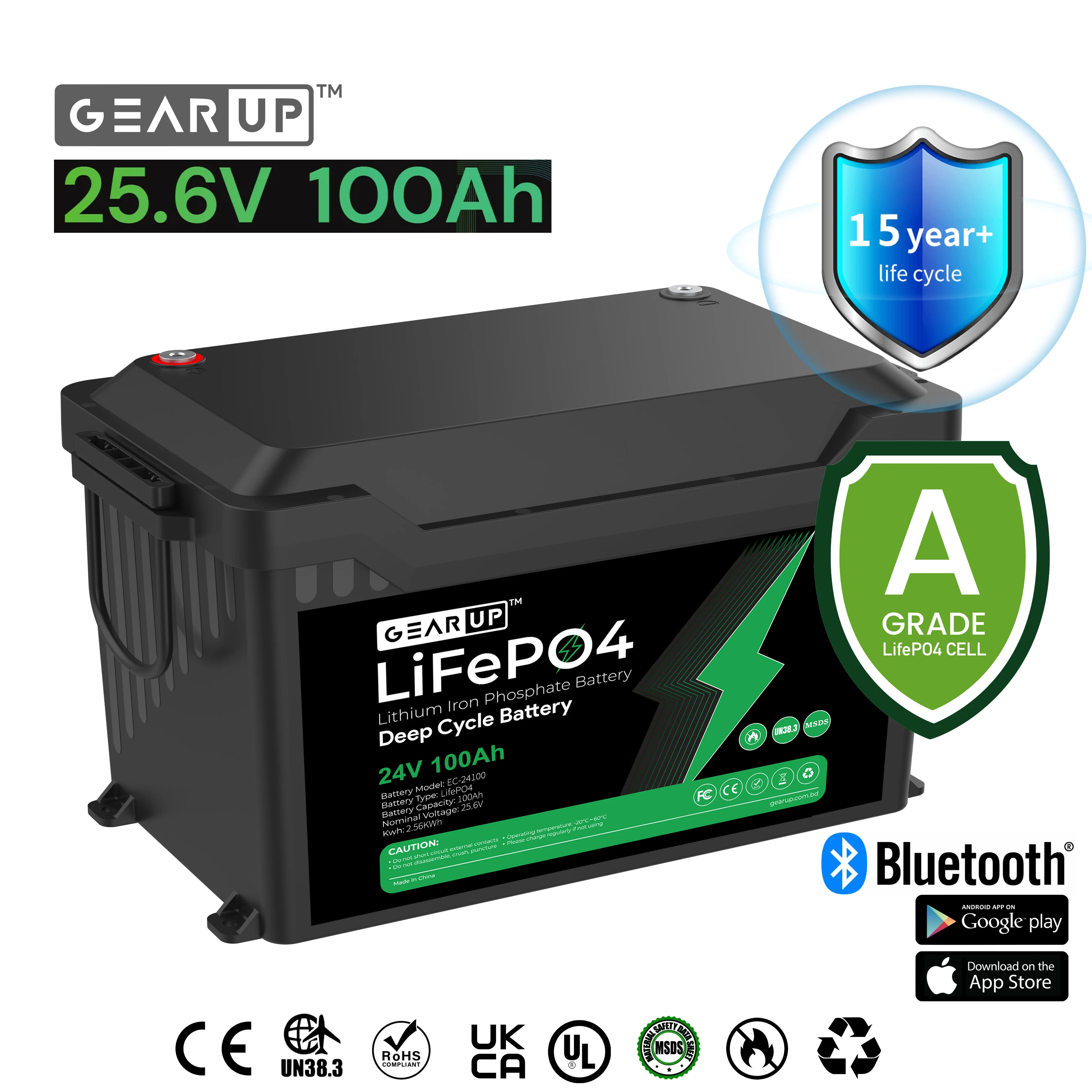 GearUP 24V, 100Ah Lithium Battery - 25.6V, 100Ah High-Performance LifePO4 Battery